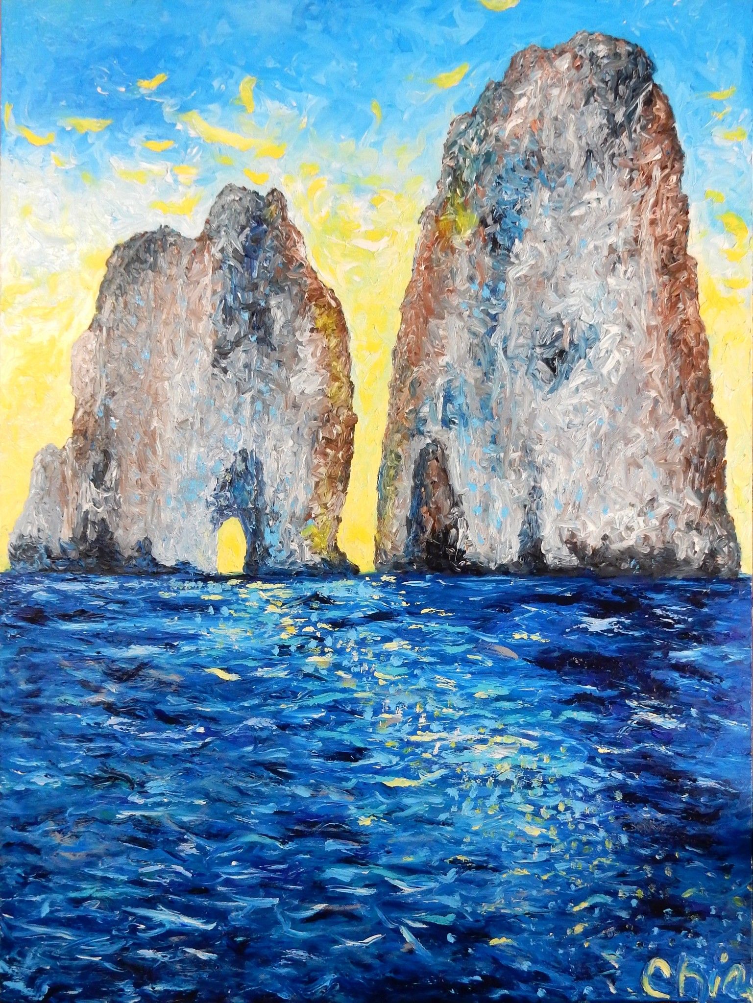 OLIO SU TELA CHIARA MAGNI ' CAPRI AT SUNRISE '  dimensioni L 120 x H 100 cm.