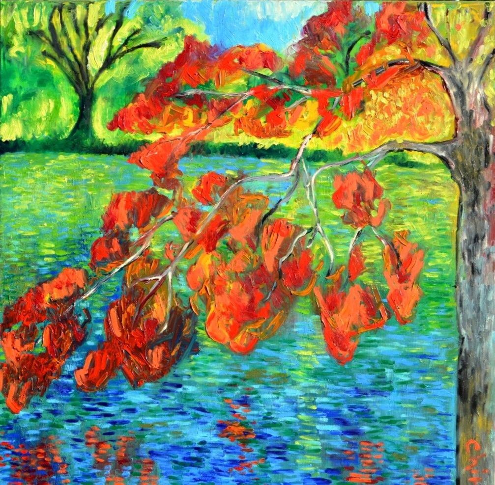 OIL ON CANVAS  CHIARA MAGNI " FALLING FALL "  size  L 100 x H 100 cm.