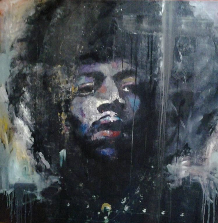 OIL ON CANVAS  WALTER MARIN " JIMI HENDRIX "  size  L 100 x H 100 cm.
