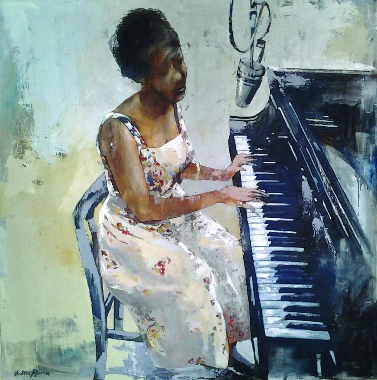 OLIO SU TELA WALTER MARIN ' PIANISTA JAZZ '  dimensioni L 80 x H 80 cm.