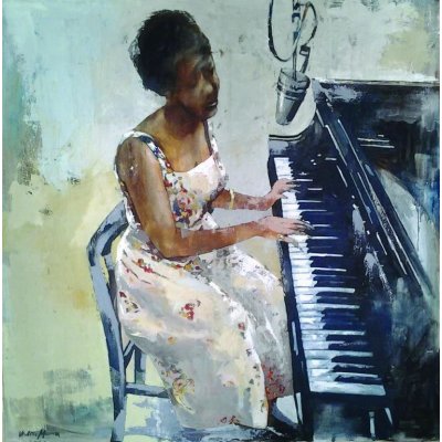 OLIO SU TELA WALTER MARIN ' PIANISTA JAZZ ' dimensioni L 80 x H 80 cm.
