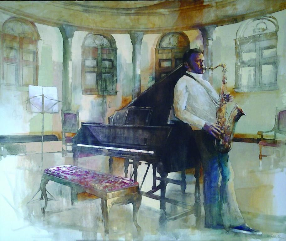 OIL ON CANVAS   WALTER MARIN " SAX E PIANO "  size  L 120 x H 100 cm.