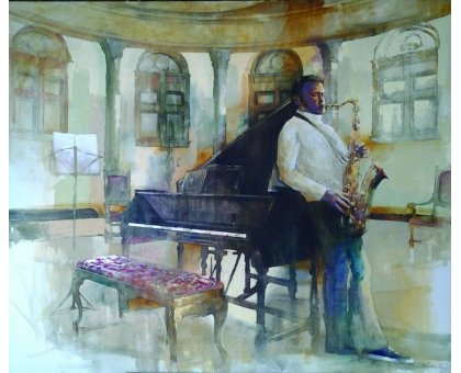 OIL ON CANVAS WALTER MARIN " SAX E PIANO " size L 120 x H 100 cm.