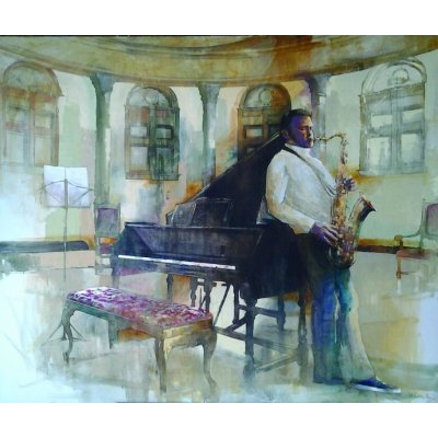 OLIO SU TELA WALTER MARIN ' SAX E PIANO ' dimensioni L 120 x H 100 cm.