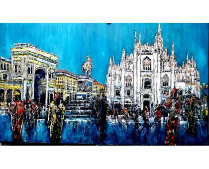 OIL WITH SPATULA ANTONIO CAPOFERRI " MILANO PIAZZA DUOMO " size L 135 x H 80 cm.