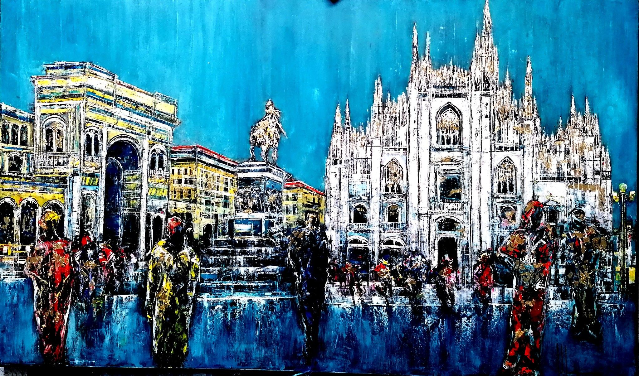 OLIO A SPATOLA  ANTONIO CAPOFERRI ' MILANO PIAZZA DUOMO '  dimensioni L 135 x H 80 cm.