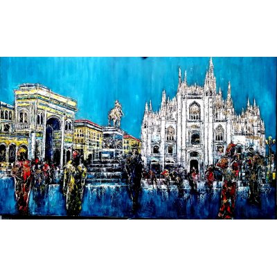 OLIO A SPATOLA ANTONIO CAPOFERRI ' MILANO PIAZZA DUOMO ' dimensioni L 135 x H 80 cm.