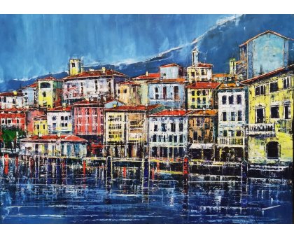 OIL WITH SPATULA ANTONIO CAPOFERRI " LOVERE LAGO D'ISEO " size L 95 x H 70 cm.