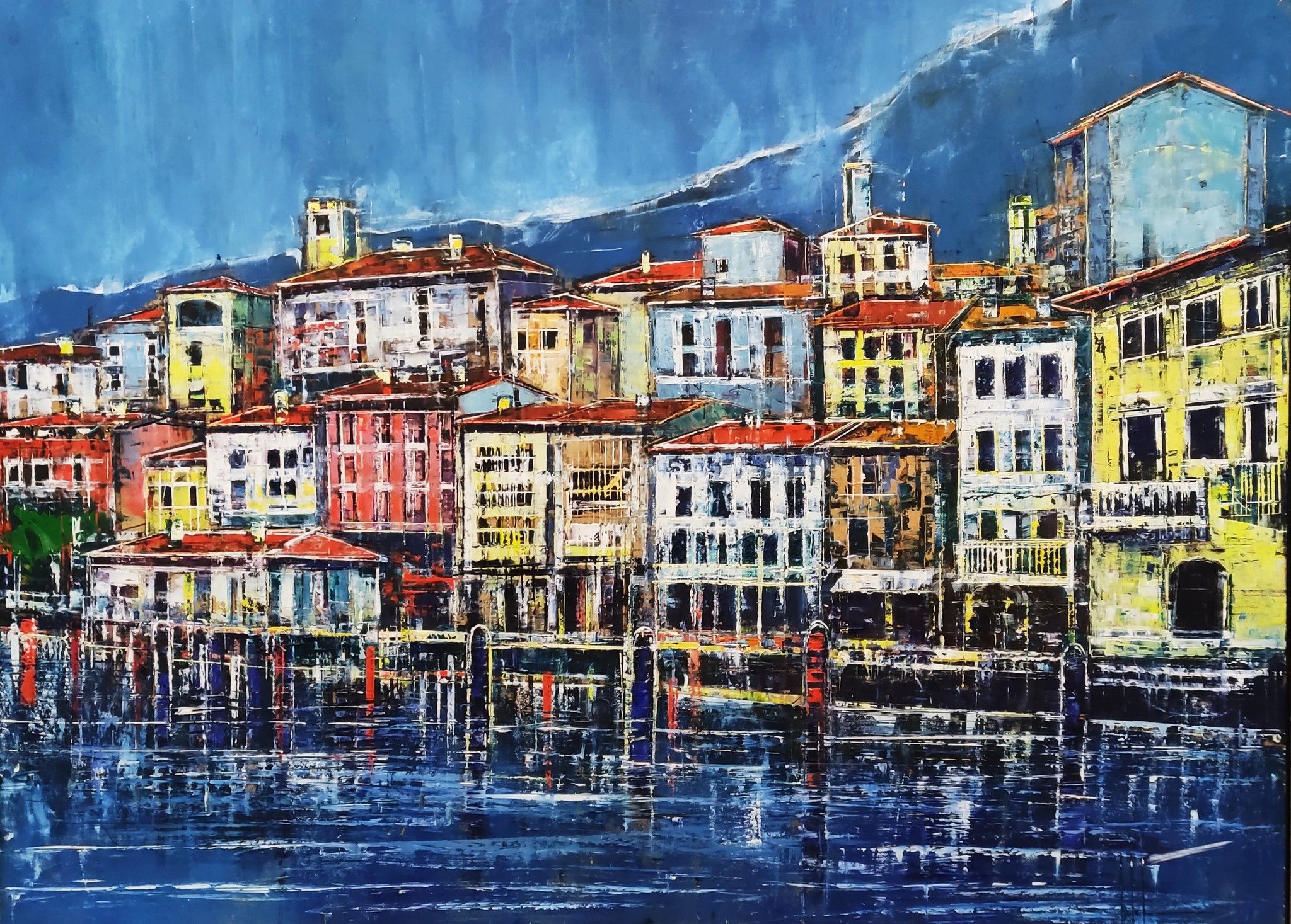 OLIO A SPATOLA  ANTONIO CAPOFERRI ' LOVERE LAGO D'ISEO '  dimensioni L 95 x H 70 cm.