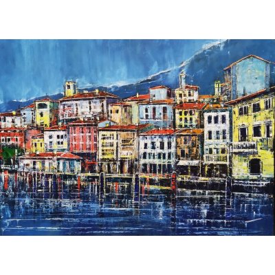 OLIO A SPATOLA ANTONIO CAPOFERRI ' LOVERE LAGO D'ISEO ' dimensioni L 95 x H 70 cm.