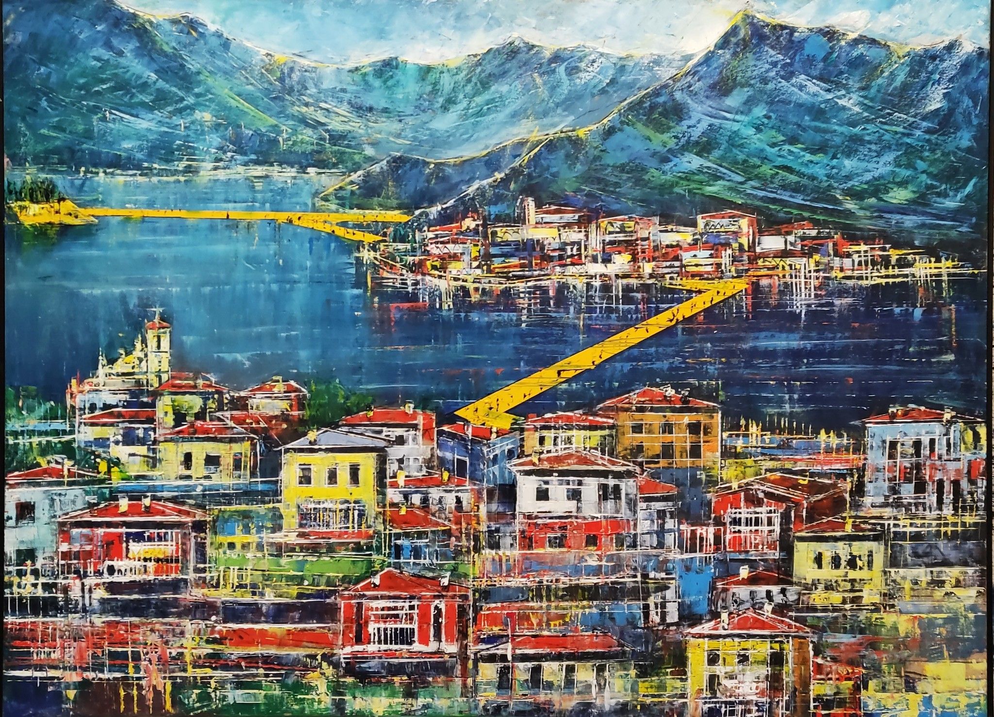 OIL WITH SPATULA ANTONIO CAPOFERRI " MONTISOLA. OMAGGIO A CRISTO' "  size  L 95 x H 70 cm.