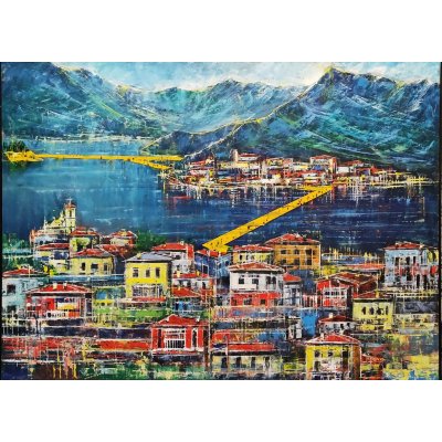 OLIO A SPATOLA ANTONIO CAPOFERRI ' MONTISOLA. OMAGGIO A CRISTO' ' dimensioni L 95 x H 70 cm.