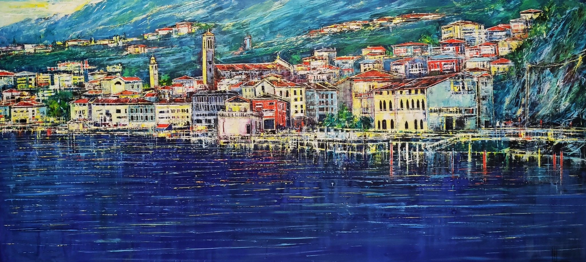 OIL WITH SPATULA  ANTONIO CAPOFERRI " LOVERE VISTA DAL LAGO "  size  L 220 x H 100 cm.