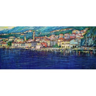 OLIO A SPATOLA ANTONIO CAPOFERRI ' LOVERE VISTA DAL LAGO ' dimensioni L 220 x H 100 cm.