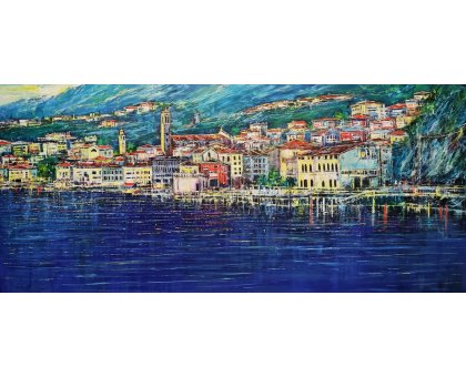 OLIO A SPATOLA ANTONIO CAPOFERRI ' LOVERE VISTA DAL LAGO ' dimensioni L 220 x H 100 cm.