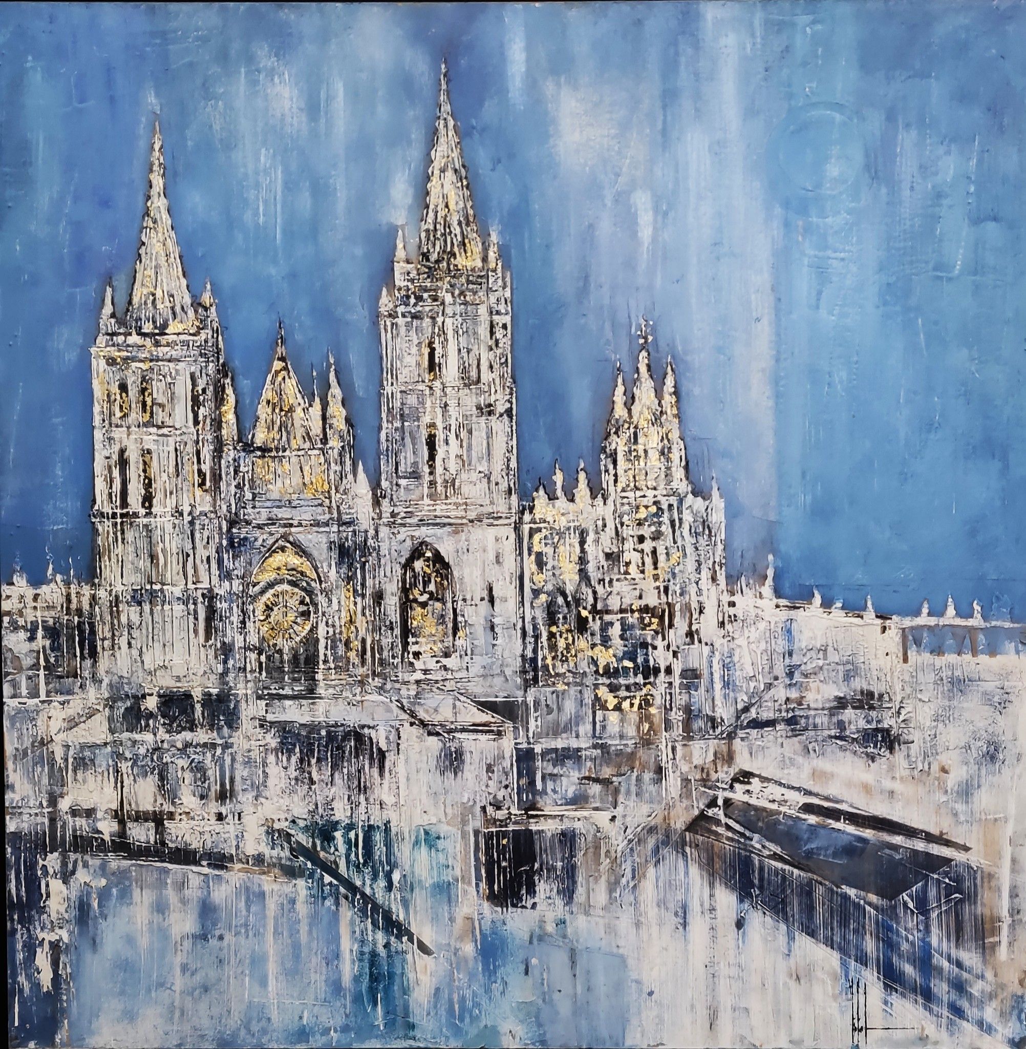 OIL WITH SPATULA  ANTONIO CAPOFERRI " CATTEDRALE DI LEON "  size  L 100 x H 100 cm.