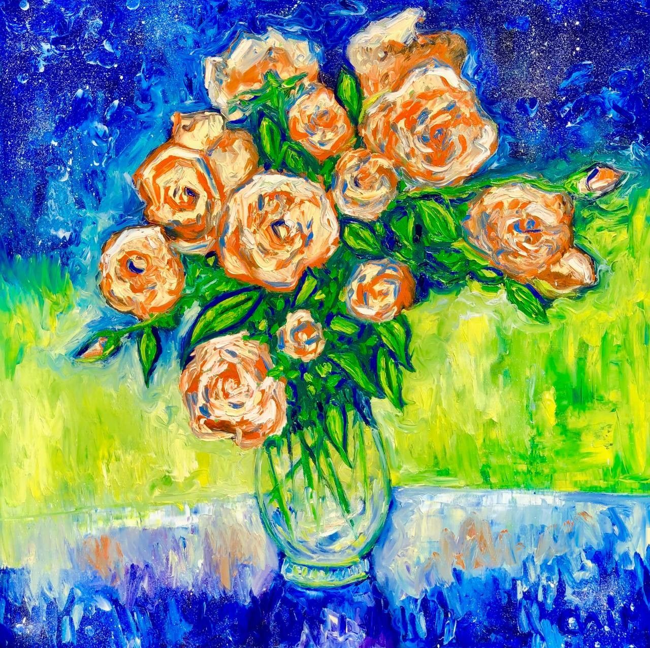 OIL ON CANVAS  CHIARA MAGNI ' GLOWING PETALS '  size  L 90 x H 90 cm.
