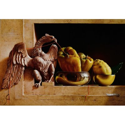 OLIO SU TAVOLA AURELIO BRUNI ' GERARCHIA ' dimensioni L 65 x H 45 cm.