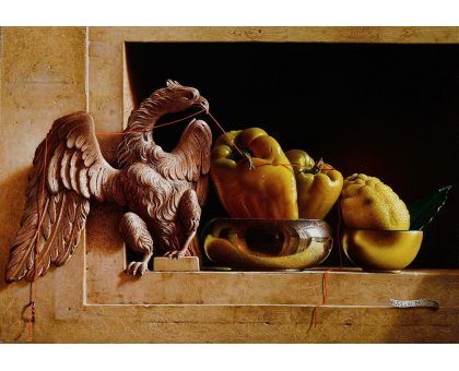 OLIO SU TAVOLA AURELIO BRUNI ' GERARCHIA ' dimensioni L 65 x H 45 cm.