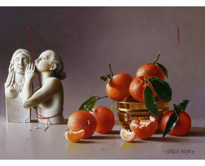 OIL ON CANVAS AURELIO BRUNI ' LA CALUNNIA ' size L 55,5 x H 42 cm.