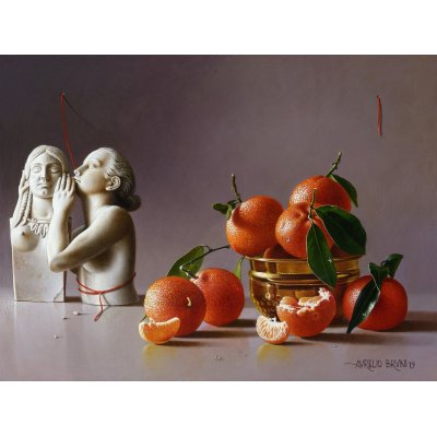 OLIO SU TAVOLA AURELIO BRUNI ' LA CALUNNIA ' dimensioni L 55,5 x H 42 cm.