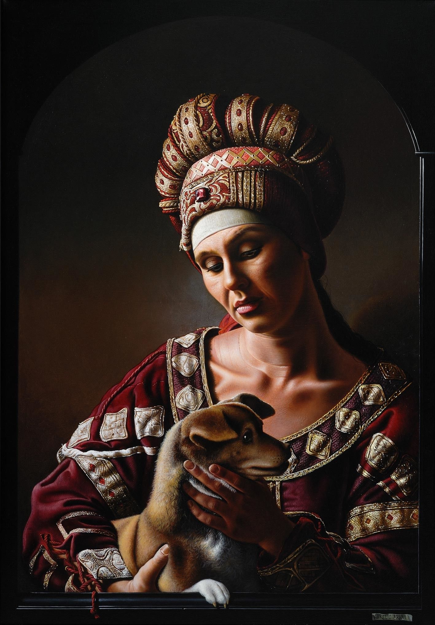 OIL ON CANVAS  AURELIO BRUNI ' GIOVANE DONNA CON CANE '   size  L 70 x H 100 cm.
