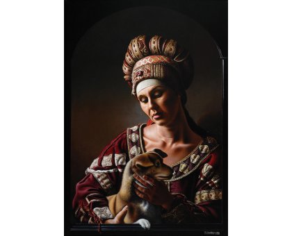 OIL ON CANVAS AURELIO BRUNI ' GIOVANE DONNA CON CANE ' size L 70 x H 100 cm.