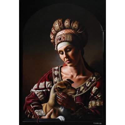 OLIO SU TELA AURELIO BRUNI ' GIOVANE DONNA CON CANE ' dimensioni L 70 x H 100 cm.