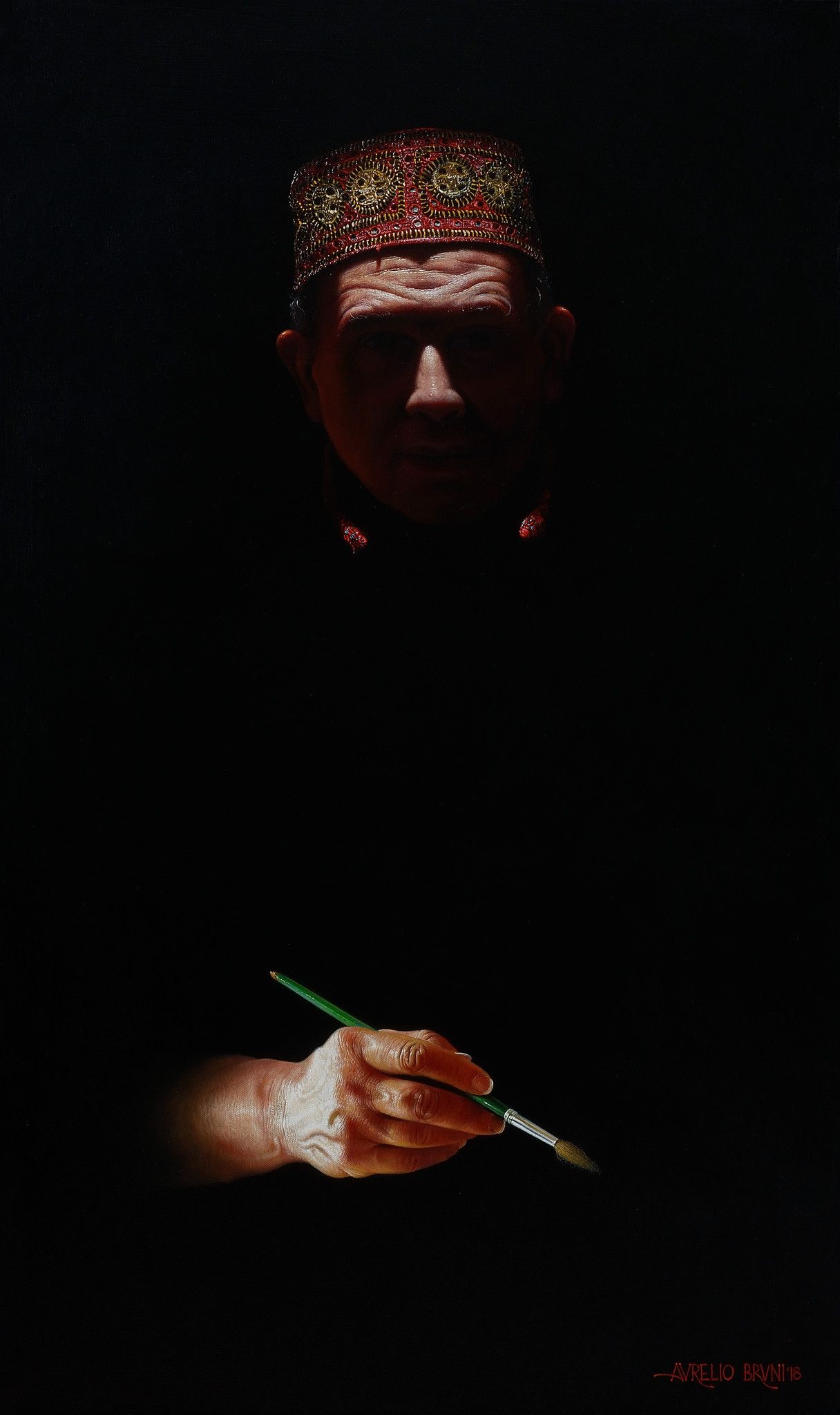 OIL ON CANVAS  AURELIO BRUNI ' ATTO CREATIVO '  size  L 60 x H 100 cm.