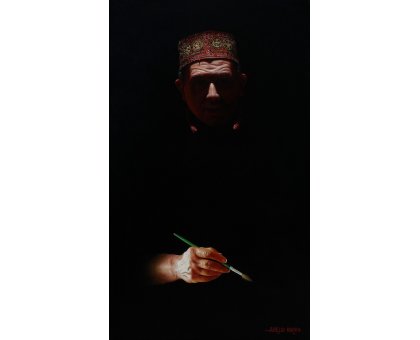 OLIO SU TELA AURELIO BRUNI ' ATTO CREATIVO ' dimensioni L 60 x H 100 cm.