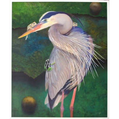 MIXED MEDIA MARCELLO REMIGI ' AIRONE CON RAGANELLE ' dimensioni L 100 x H 75 cm.