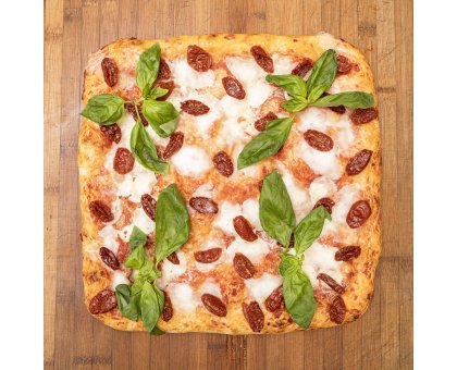 TRANCIO DI PIZZA CON MOZZARELLA DI BUFALA, POMODORINI, BASILICO E EVO