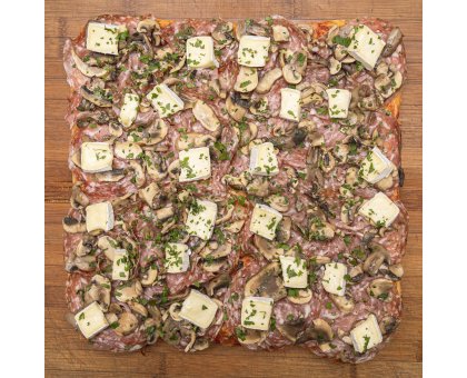 TRANCIO DI PIZZA CON POMODORO, MOZZARELLA, SOPRESSA, FUNGHI, BRIE E PREZZEMOLO