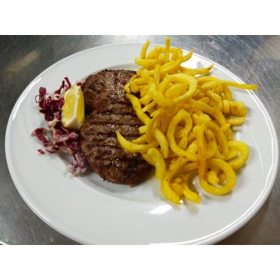 Piatto unico Hamburger di manzo gr.100 con patatine twister e bibita compresa servita al tavolo
