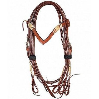 Briglia western frontalino a V con rifiniture rawhide e completa di redini