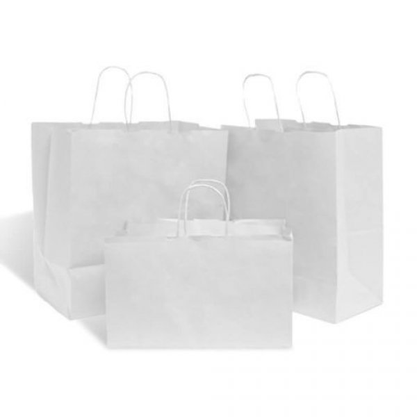 Shopper carta kraft bianco stampato take away cordino ritorto in carta 27+17x29 cm gr. 100