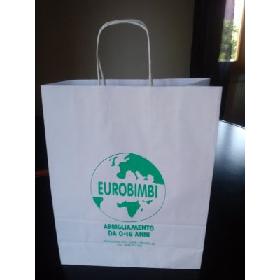 Shopper carta kraft bianco stampato cordino ritorto in carta 27+12x37 cm gr. 100