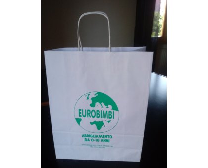 Shopper carta kraft bianco stampato cordino ritorto in carta 27+12x37 cm gr. 100
