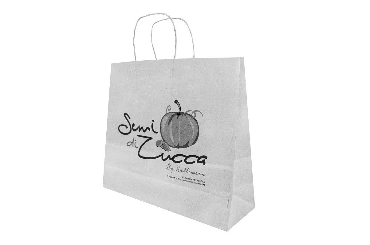 Shopper carta kraft bianco stampato cordino ritorto in carta 36+12x41cm gr. 100