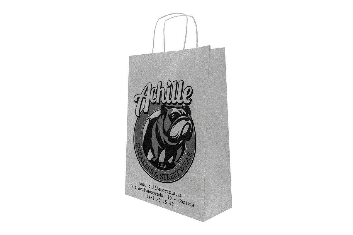 Shopper carta kraft bianco stampato cordino ritorto in carta 36+12x41cm gr. 100