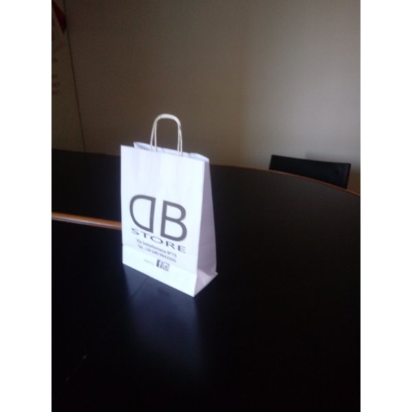 Shopper carta kraft bianco stampato cordino ritorto in carta 36+12x41cm gr. 100