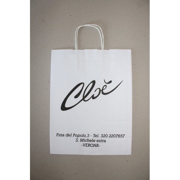 Shopper carta kraft bianco stampato cordino ritorto in carta 36+12x41cm gr. 100
